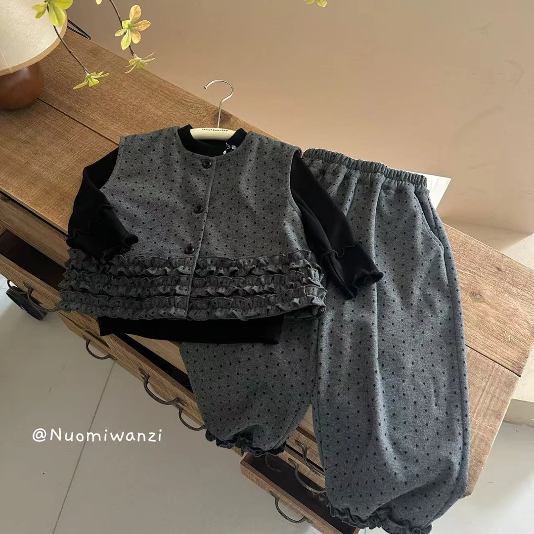 【现货】黑灰波点针织柔软背心裤子两件套装（秋款）WZJ-25596