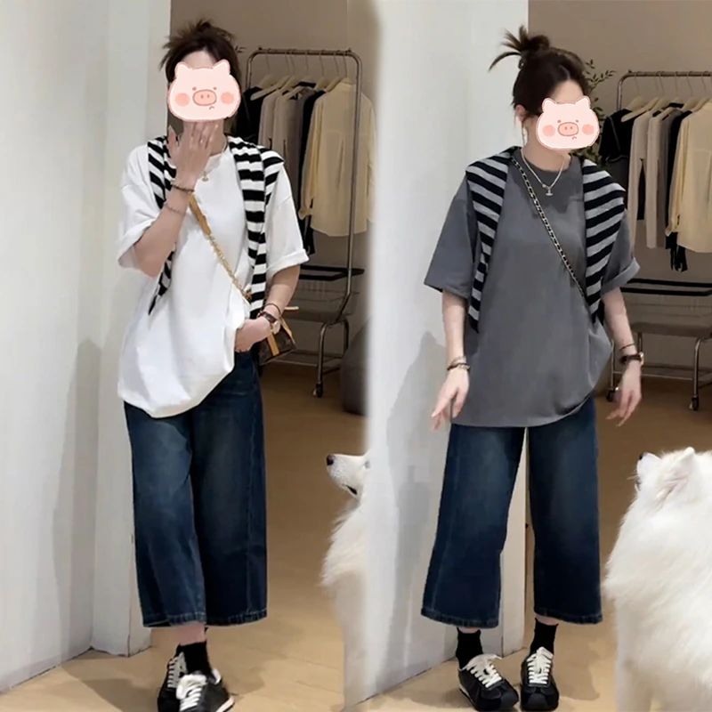 2025超火穿搭一整套慵懒风宽松时尚纯色上衣短袖百搭牛仔裤套装女