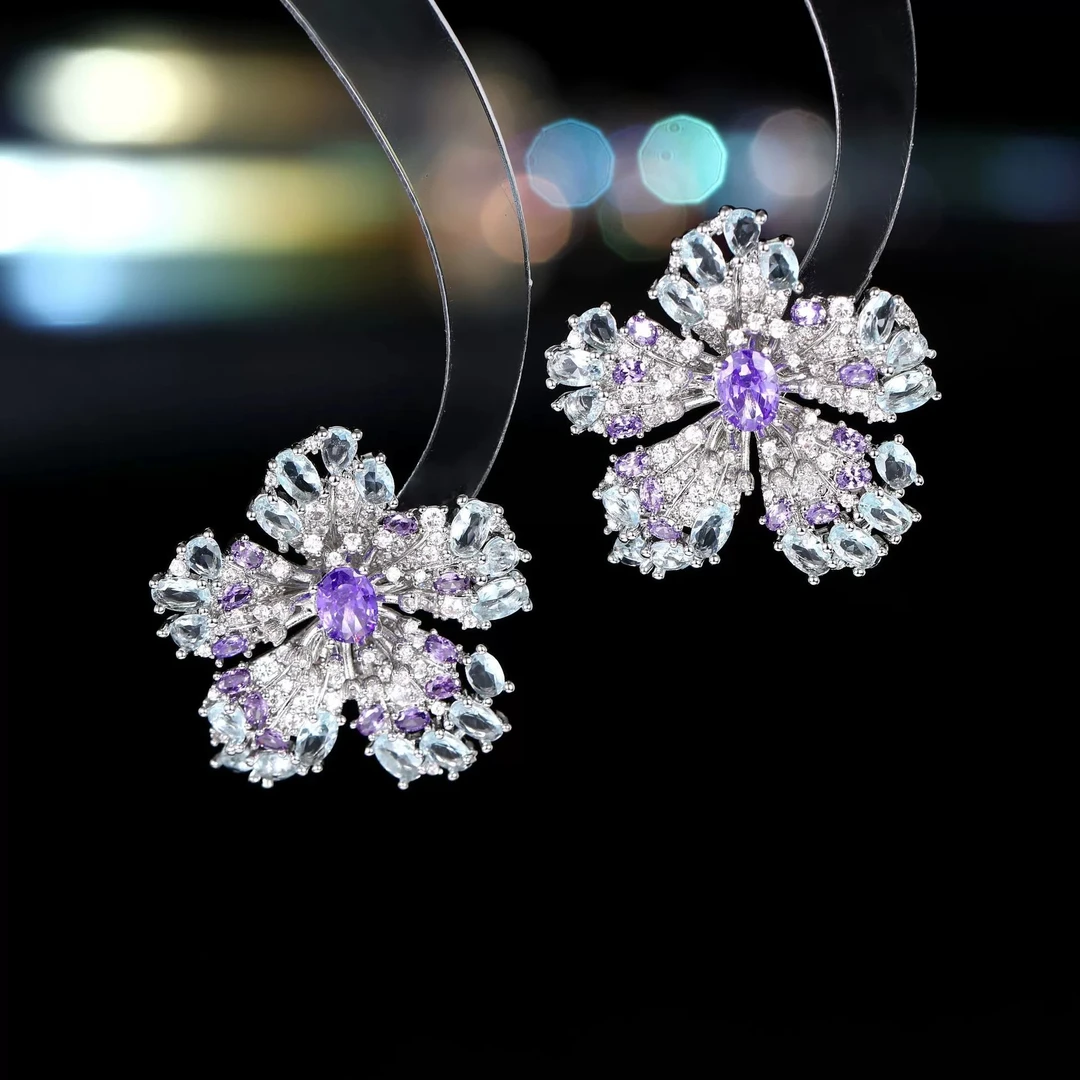 铜合金锆石耳饰 605轻奢立体彩色花朵蓝紫色高级感小众精致耳饰