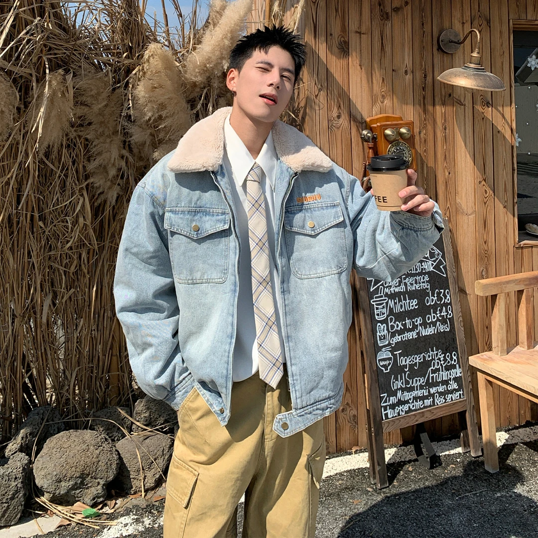 Holocene美式潮牌羊羔毛牛仔棉服痞帅加厚保暖翻领棉衣男生MY142