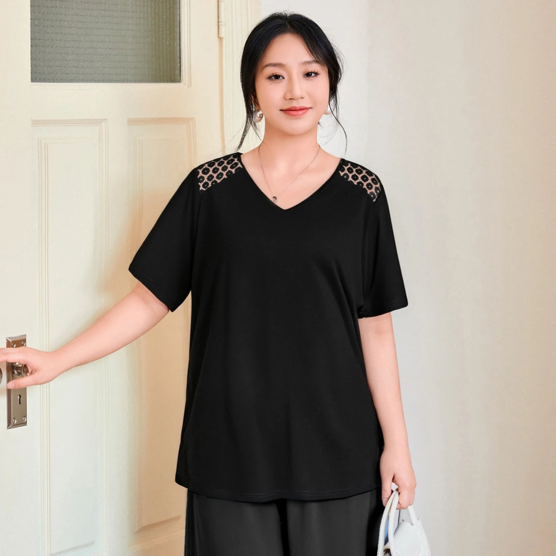 【凉感简奢气质拼接蕾丝T恤】MsShe大码女2025镂空提花A2506022