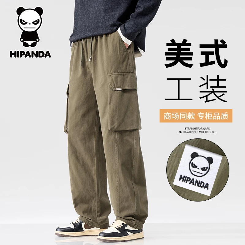 Hi Panda你好熊猫秋季新款美式纯棉工装休闲裤男士宽松直筒长裤子