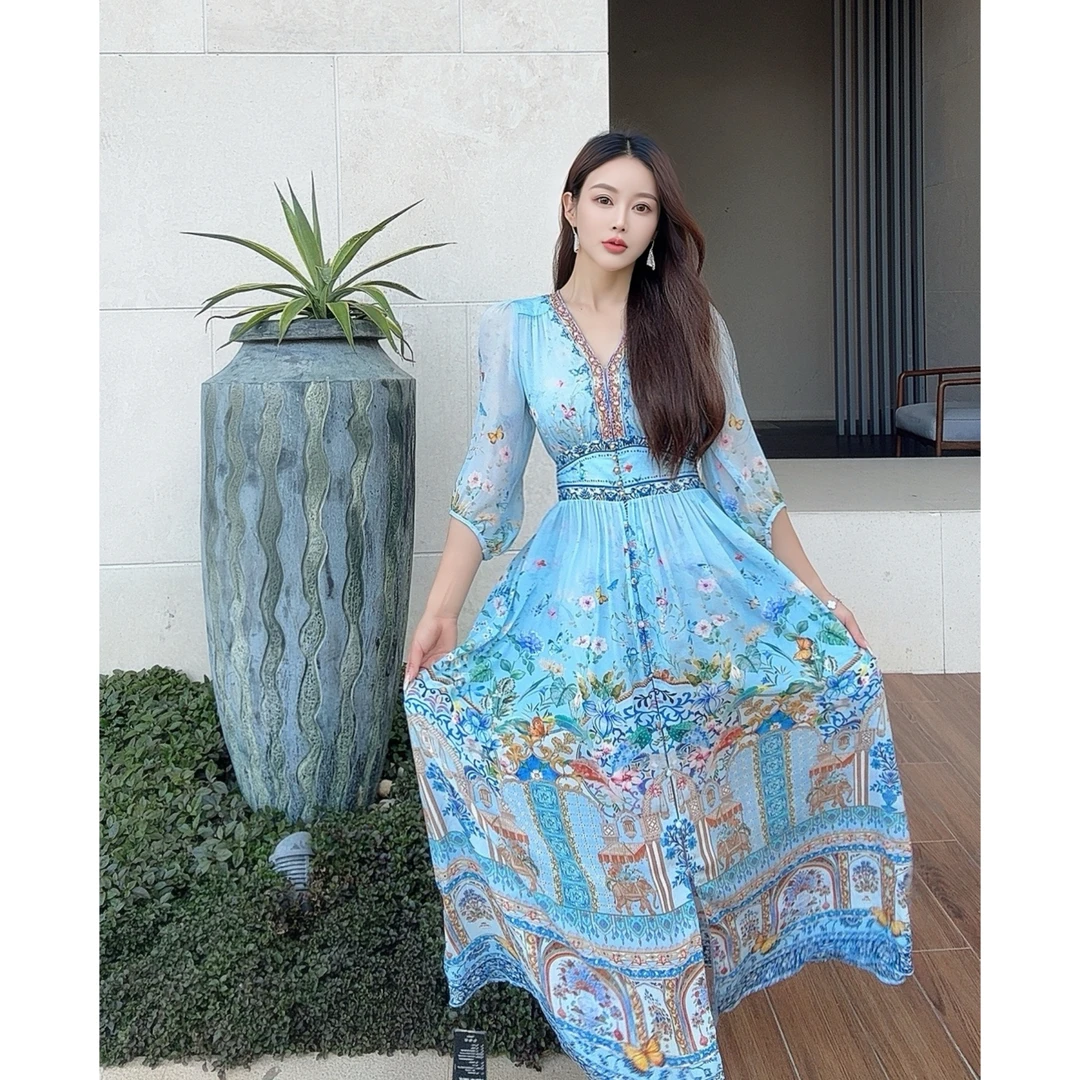 【泰兰德】真丝连衣裙2025夏长袖轻奢印花气质时尚优雅 蓝色 250375