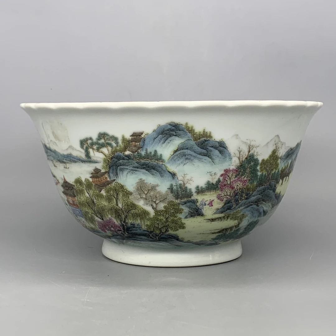 42511042*民国粉彩山水人物纹花盆/瓷器四/江苏省文物总店/Y
