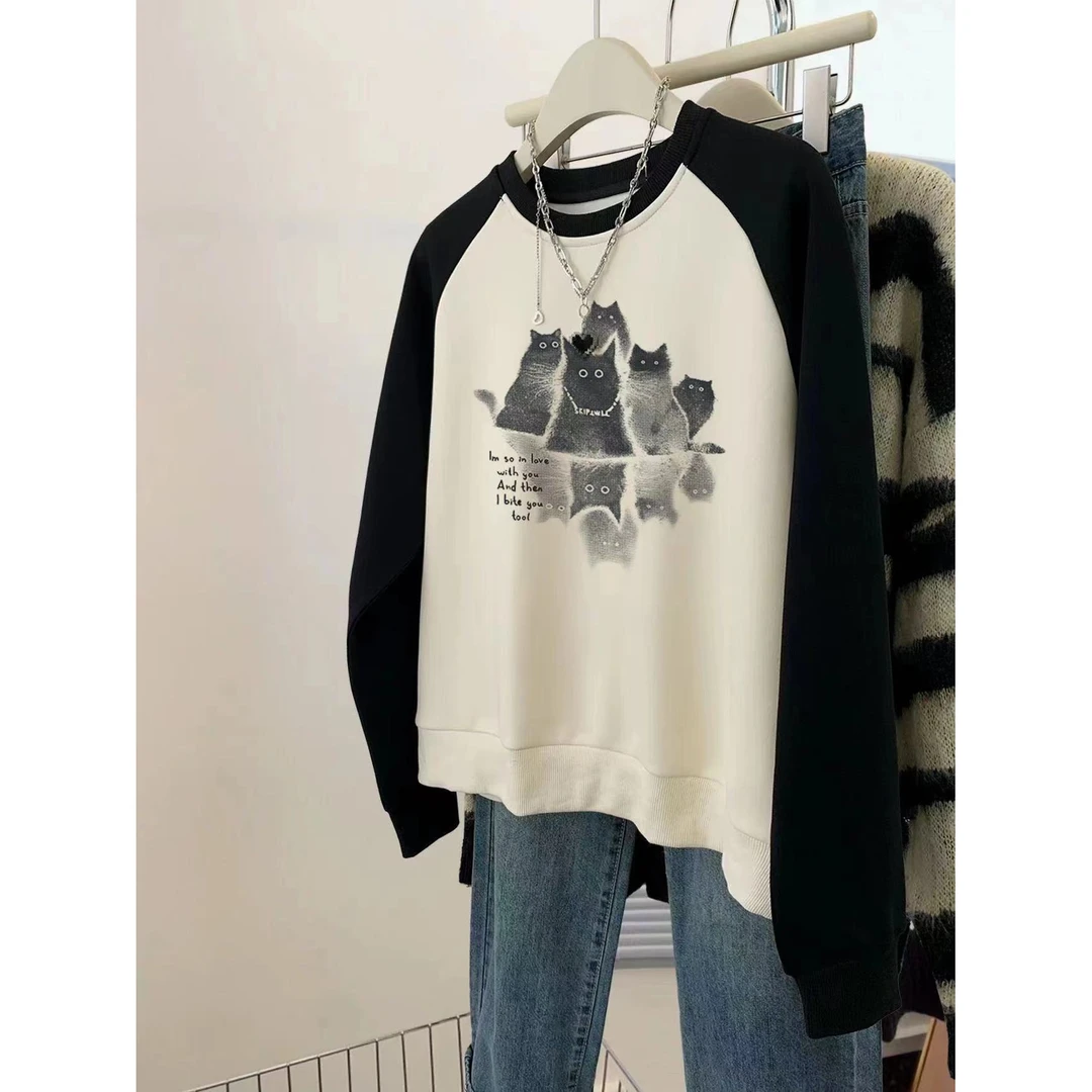 秋冬新款韩版慵懒风洋气减龄撞色插肩卫衣宽松百搭23285
