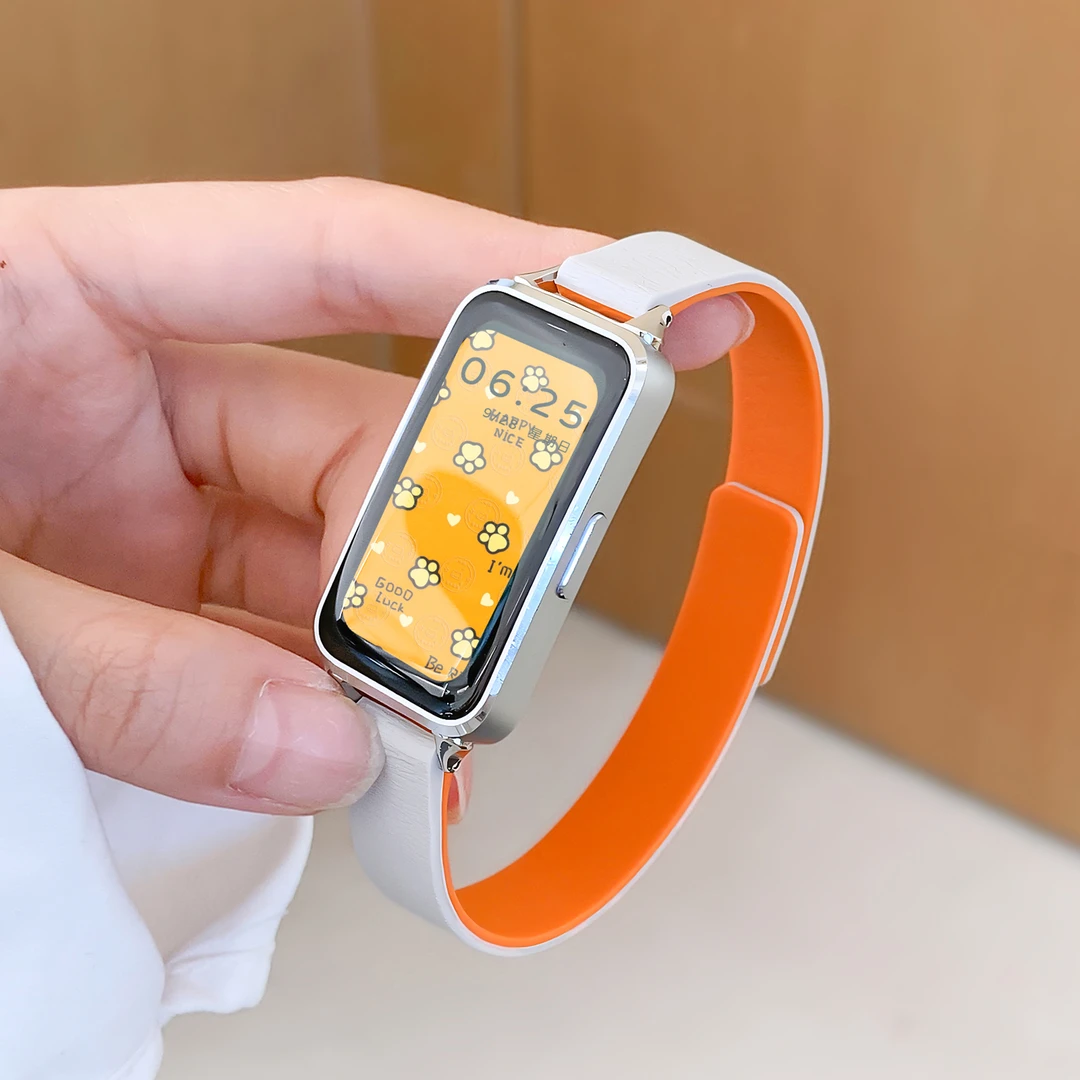 uhada适用华为手环10表带时尚荔枝纹软磁华为手环9表带创意撞色