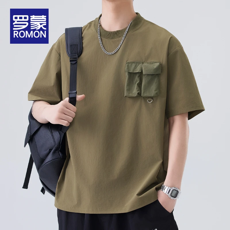 罗蒙夏季新款简约圆领短袖T恤男美式潮流男士宽松打底衫上衣男款