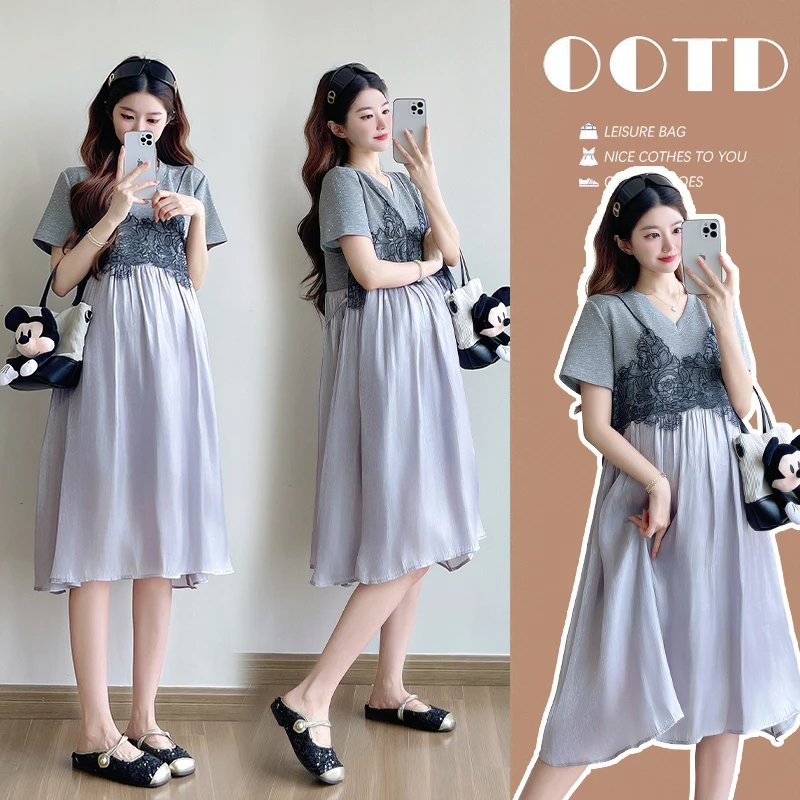 孕妇装夏季新款V领短袖高级灰撞色蕾丝镂空拼接假两件孕妇连衣裙