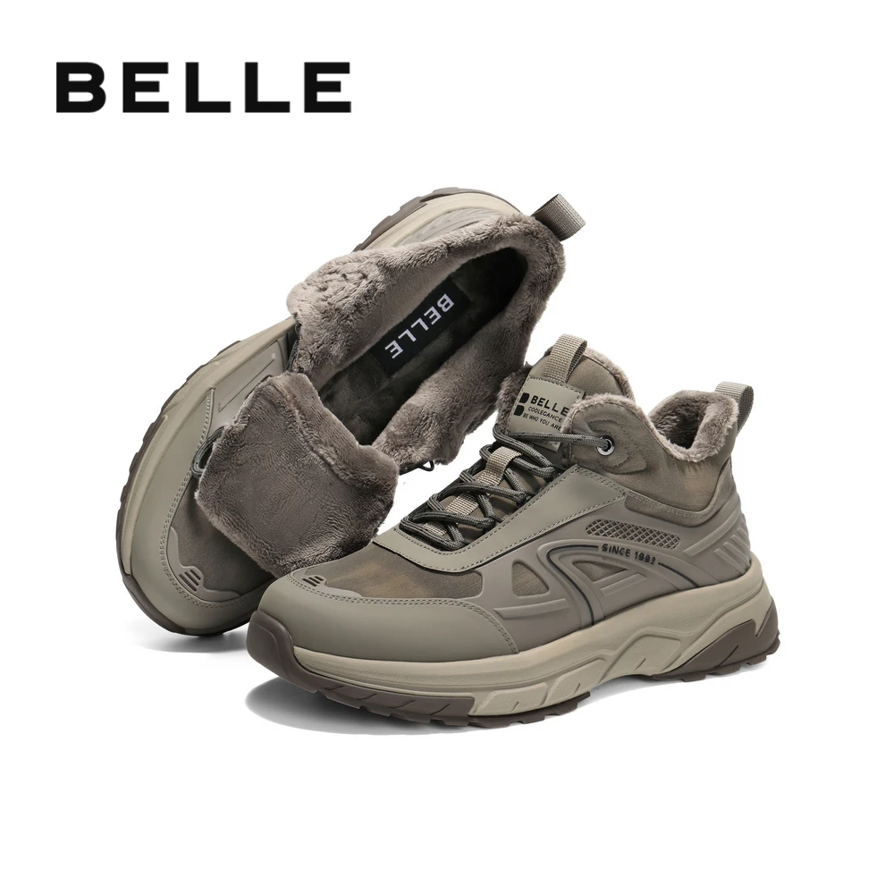 百丽户外高帮休闲短靴男靴2024冬新厚底增高运动鞋加绒A1742DD4