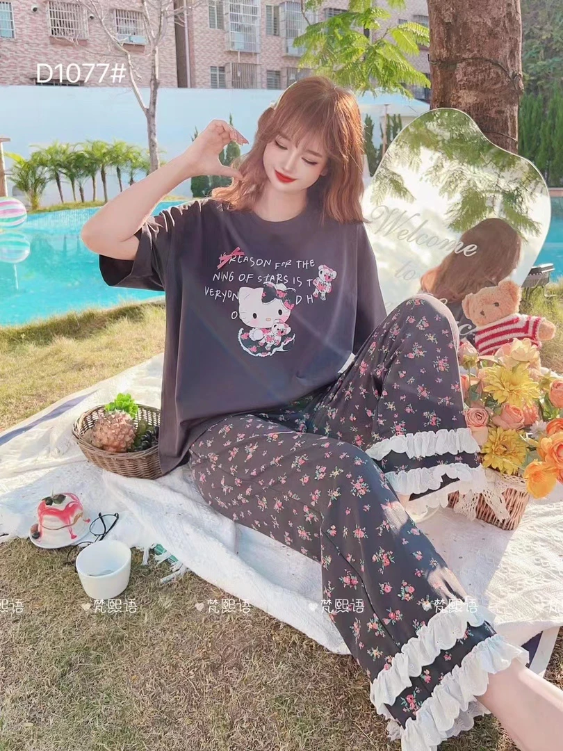 【欢欢精选】梵家碎花KT猫1077半袖长裤可爱印花可外穿家居服