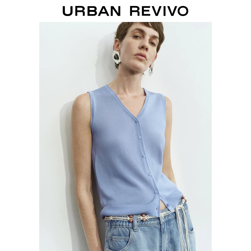 UR2025春季新品女装欧若风简约休闲纽扣V领无袖针织开衫UWM950028