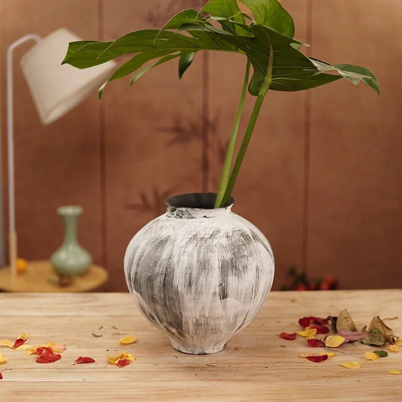 黑白侘寂风竖条纹拉丝大肚景德镇陶瓷花瓶水培鲜花绿植家居摆件