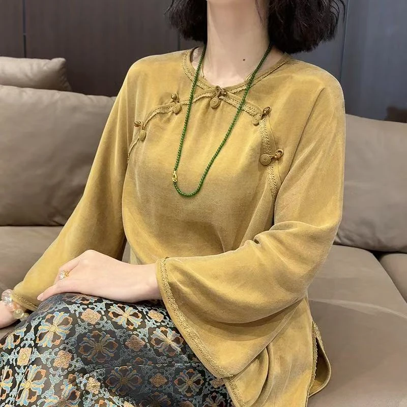 【现货】早秋中式姜黄铜氨丝拱门喇叭袖上衣圆花百搭微喇裤国风套装