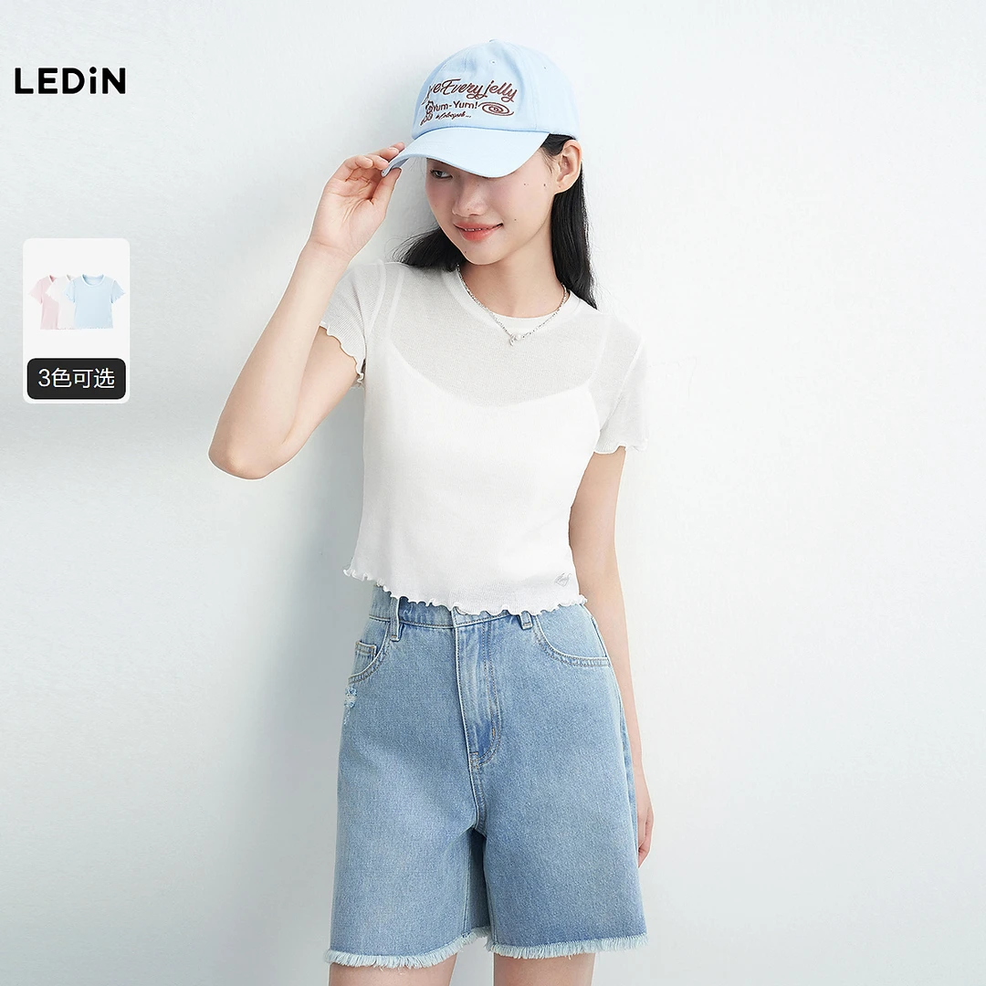 乐町甜美木耳边短袖T恤2187