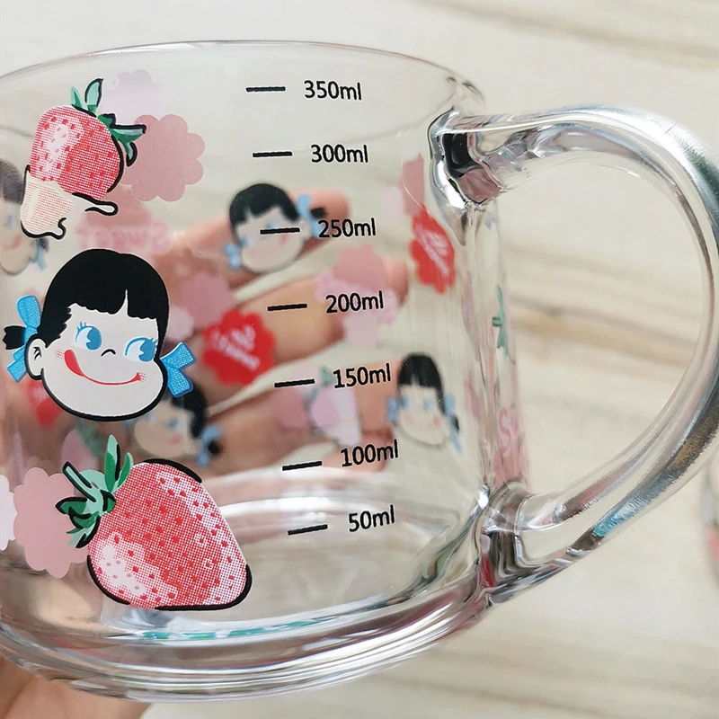 吸管甜品杯印花玻璃杯牛奶杯子早餐杯勺加盖logo可爱刻度礼物ins