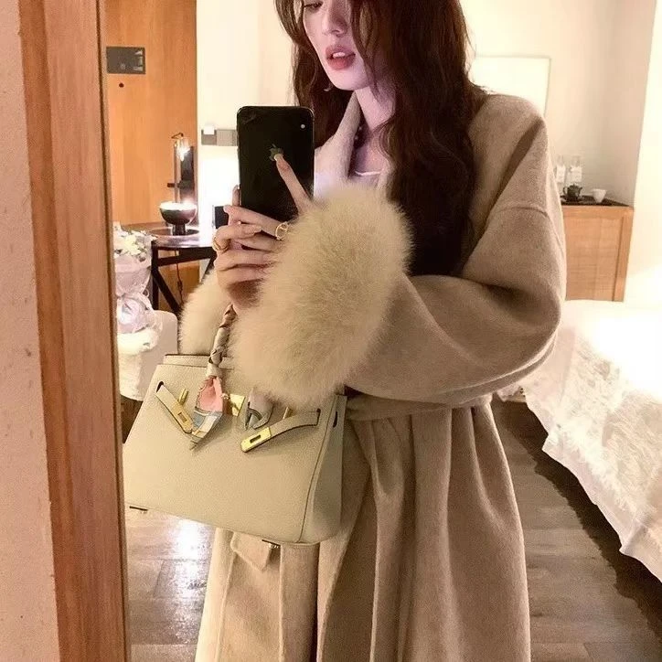 温柔气质双面呢大衣中长款毛毛袖高级感时尚毛呢外套