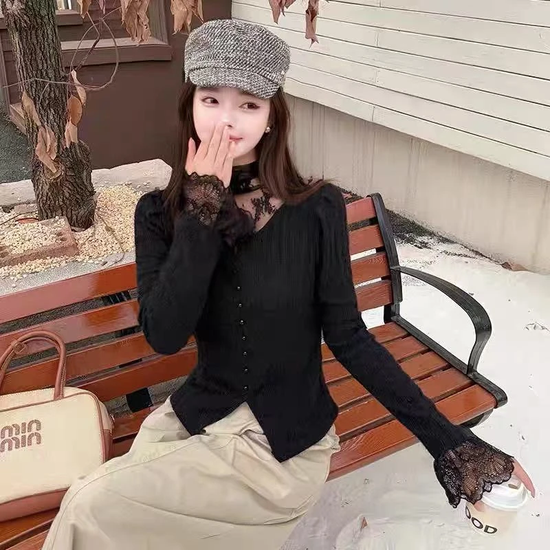 长袖蕾丝修身拼接半高领蕾丝衫高领洋气小衫显瘦秋冬