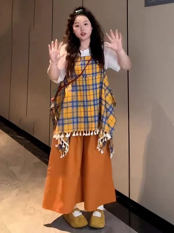 大码时尚套装吊带格子条纹宽松大码连衣裙拼接撞色背心韩版三件套