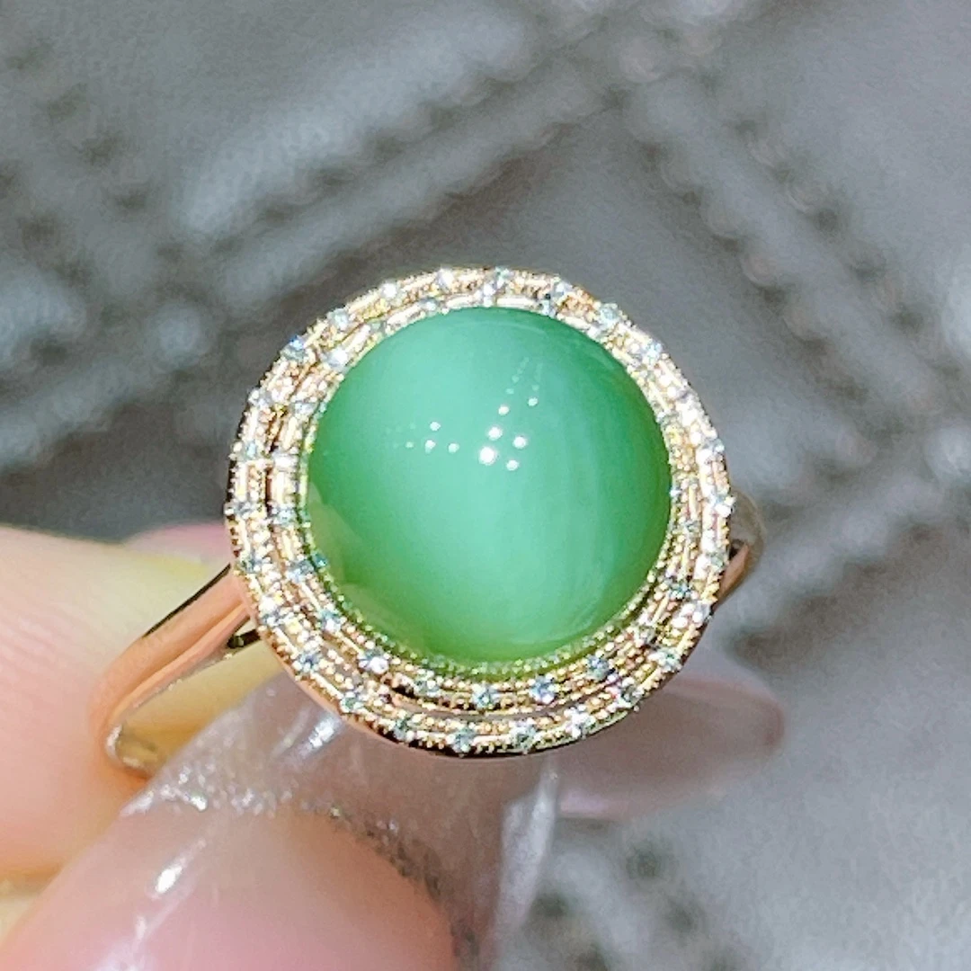 18K金镶嵌 天然和田玉猫眼戒指 双层 镶 绿闪猫 总尺寸13*13