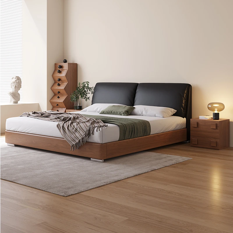 中古风床头层牛皮大床真皮床意式简约主卧室床轻奢家用床落地储物