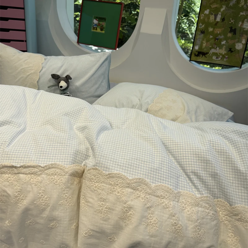 易安阁 水洗棉简约花边浅蓝格子床上四件套全棉1.5m1.8被套三件套