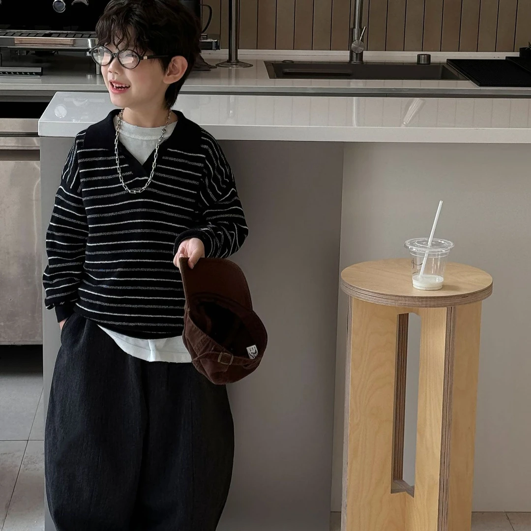 2025秋季新款儿童韩版休闲条纹针织衫男童时尚polo时尚卫衣潮
