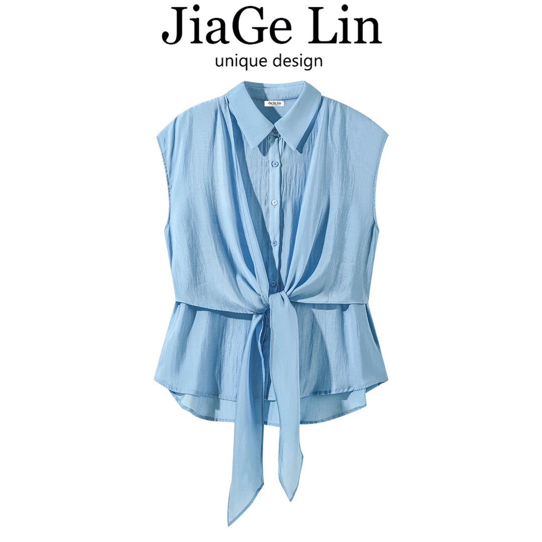 JiaGeLin韩系设计感绑带小飞袖衬衫气质小衫女士夏季修身显瘦上衣