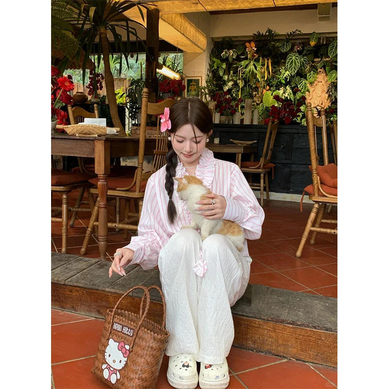 甜美风软糯设计感花边宽松条纹长袖衬衫上衣高腰小众垂感休闲长裤