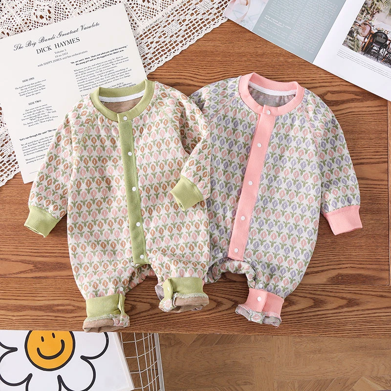 婴幼儿春秋连体外出服提花毛织太阳花肩扣连体新生儿哈衣秋季