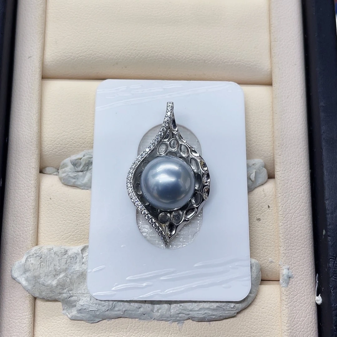 银S925镶嵌颈饰海水珍珠正圆铂金灰吊坠