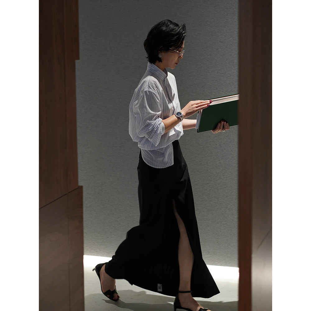 SHIIEELL长袖蓝白条纹衬衫女式夏季新款极简风棉质宽松衬衣W1128