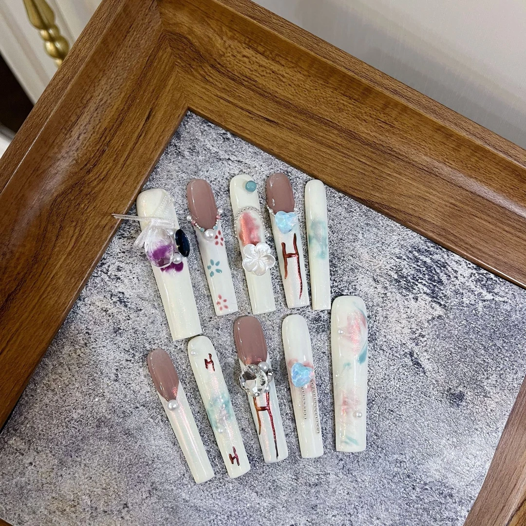 欧美纯手工穿戴甲高级感穿戴甲片洛神欧美长水管爆闪美甲穿戴甲片