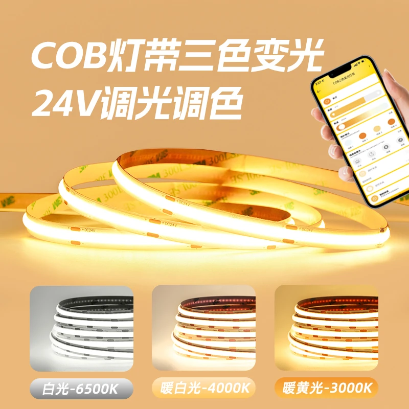 三色变光led灯带COB智能无极调光可调色温变色3色220V24V低压灯条