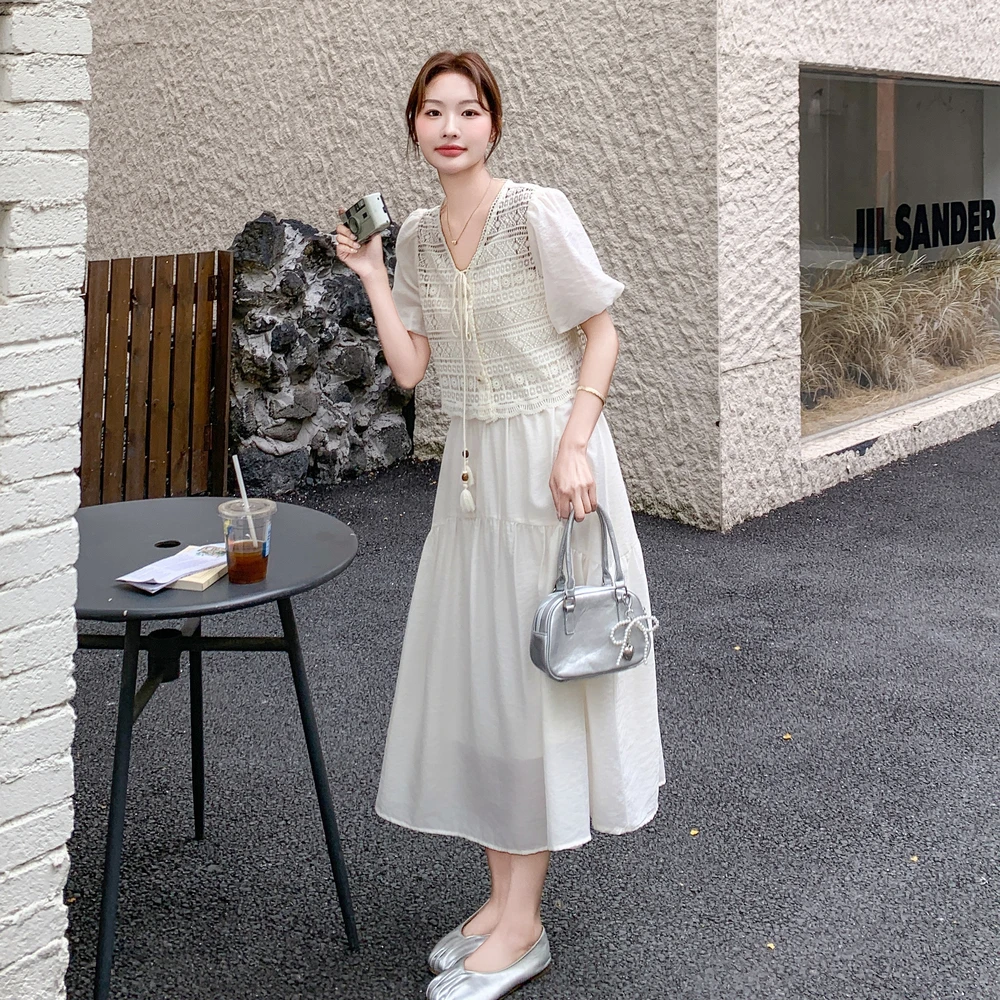 法式镂空蕾丝套装裙2025夏季新款轻熟风时尚气质显瘦中长款两件套