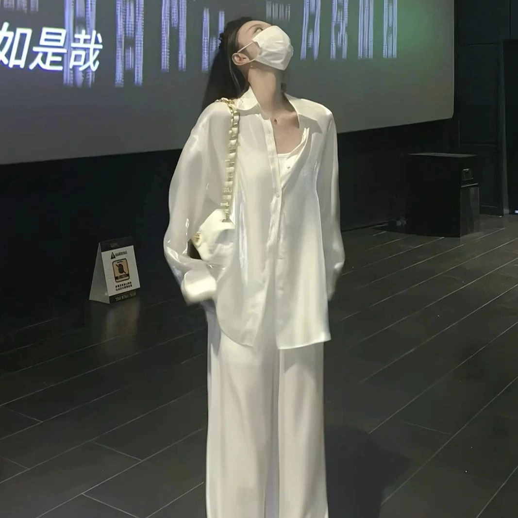 韩系温柔风人鱼姬开衫衬衫女2025秋季高腰垂感阔腿裤两件套潮