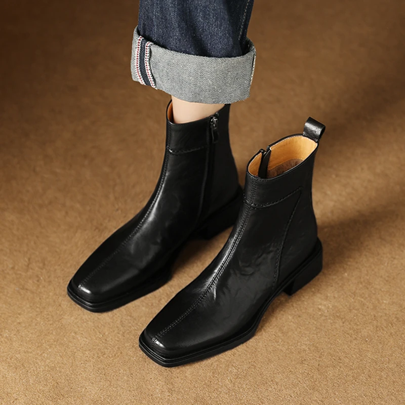 法式方头瘦瘦靴秋冬新款短靴百搭真皮单靴复古马丁靴美拉德女靴子