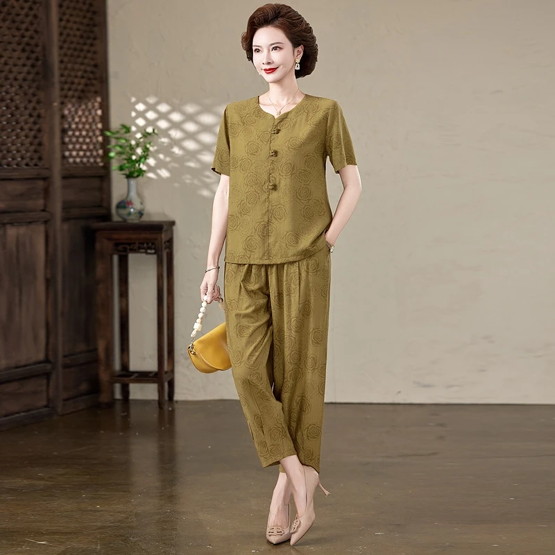 2025夏季新款麻料圆领短袖女士套装复古气质宽松大码遮肉妈妈装