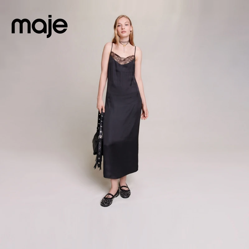 暖系穿搭|Maje秋冬黑色缎面蕾丝拼接吊带连衣裙长裙MFPRO03069