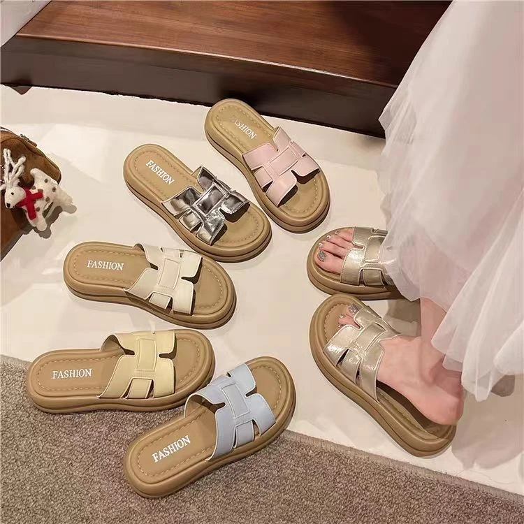 慵懒透气编织~！5cm厚底增高外穿拖鞋女夏季ins沙滩透气一字凉拖