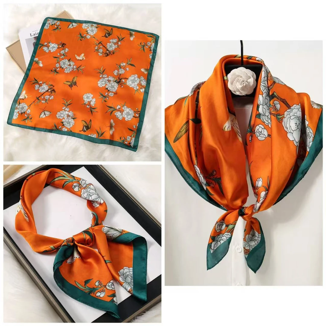橙色蝶舞n107轻奢高定精致百搭气质优雅70方巾仿真丝