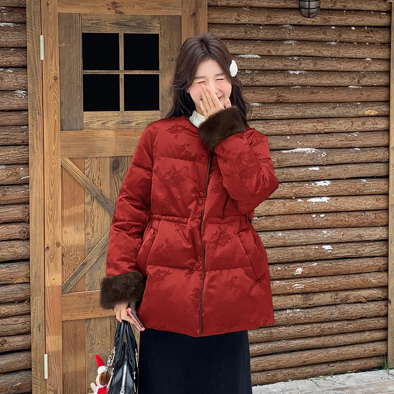 安可拉红色韩系羽绒服女冬季短款2024新款小个子白鸭绒面包服外套