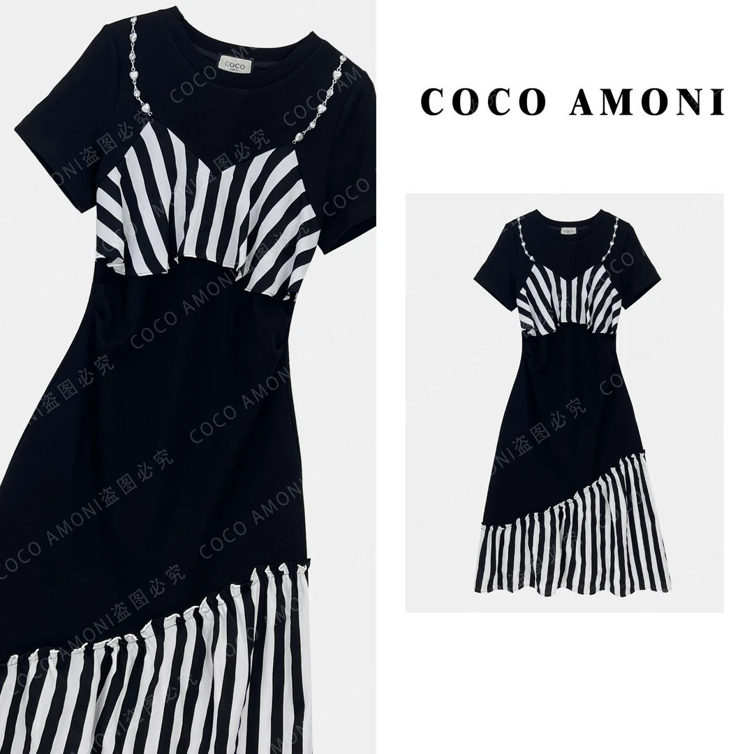 高级设计师夏日原创时尚女装拼褶皱收腰显瘦气质连衣裙ZC612