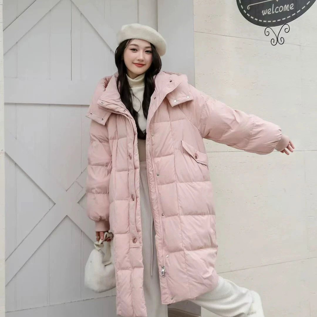 韩版宽松连帽中长款白鸭绒加厚显瘦保暖过膝女慵懒时尚