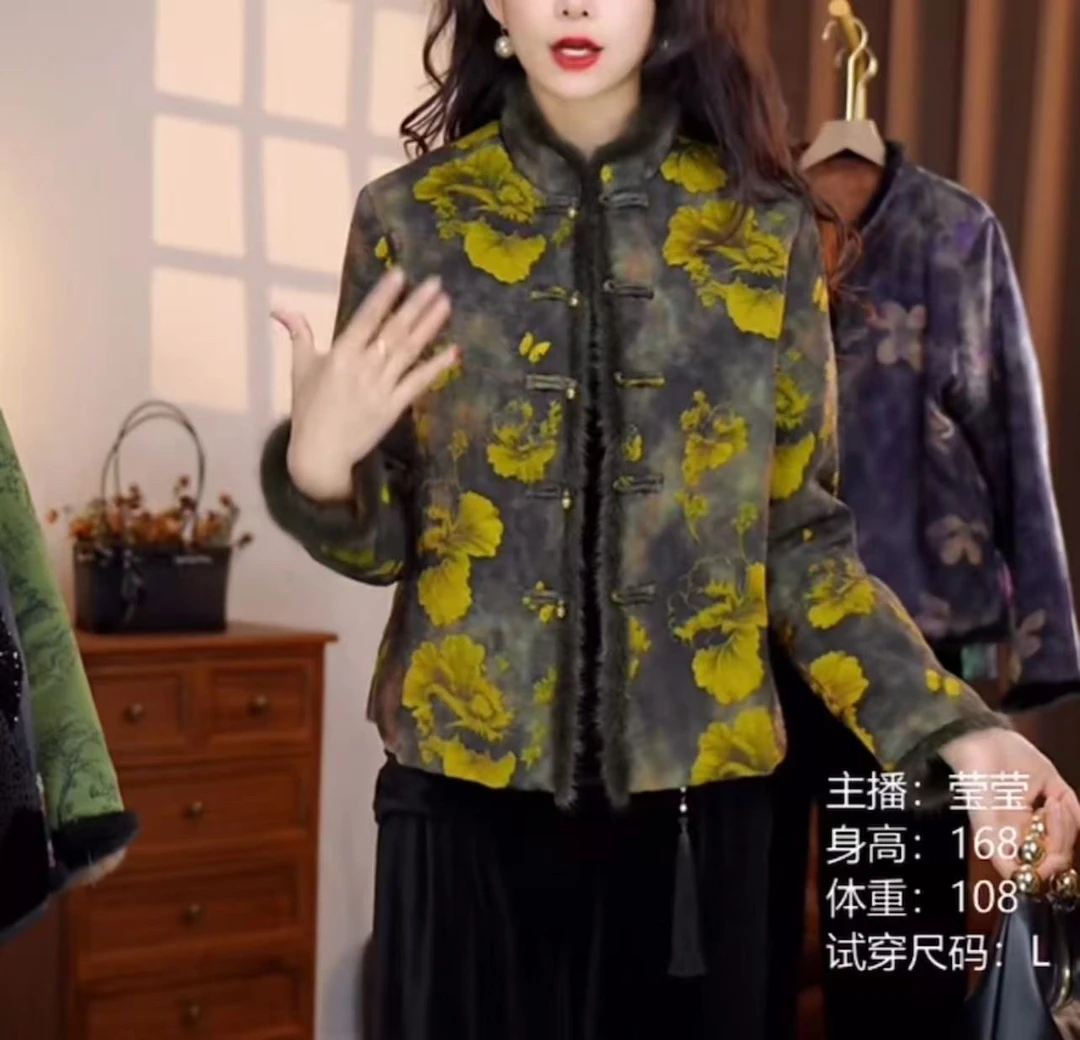 【墨池丹花】长袖保暖对襟冬季百搭立领外套镶嵌常规款上衣厚款