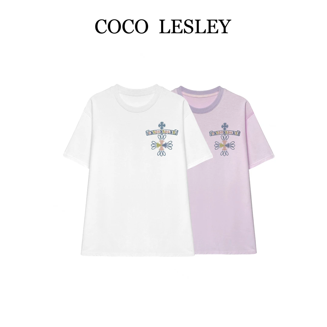【COCO LESLEY】66806#轻奢七彩烫钻拼接T恤2025夏潮流百搭个性上衣