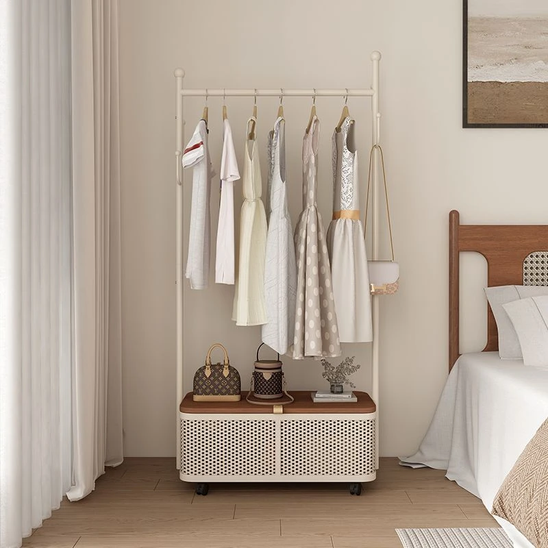 奶油风落地挂衣架可移动式滚轮衣帽架卧室家用收纳置物架衣服挂架