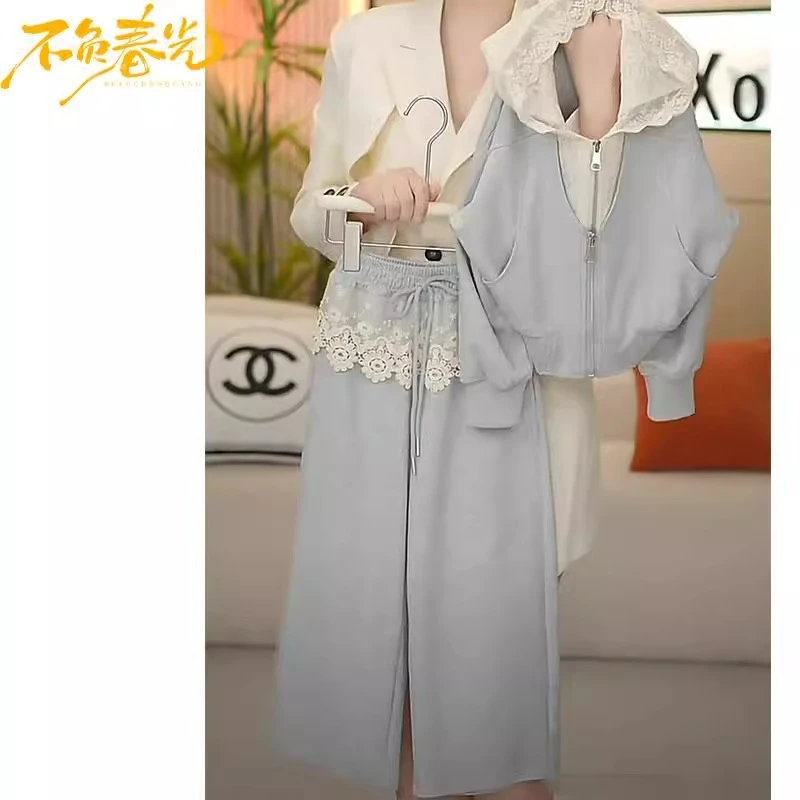 女童蕾丝连帽外套阔腿裤套装2025春款假两件开衫运动花边屁帘卫裤