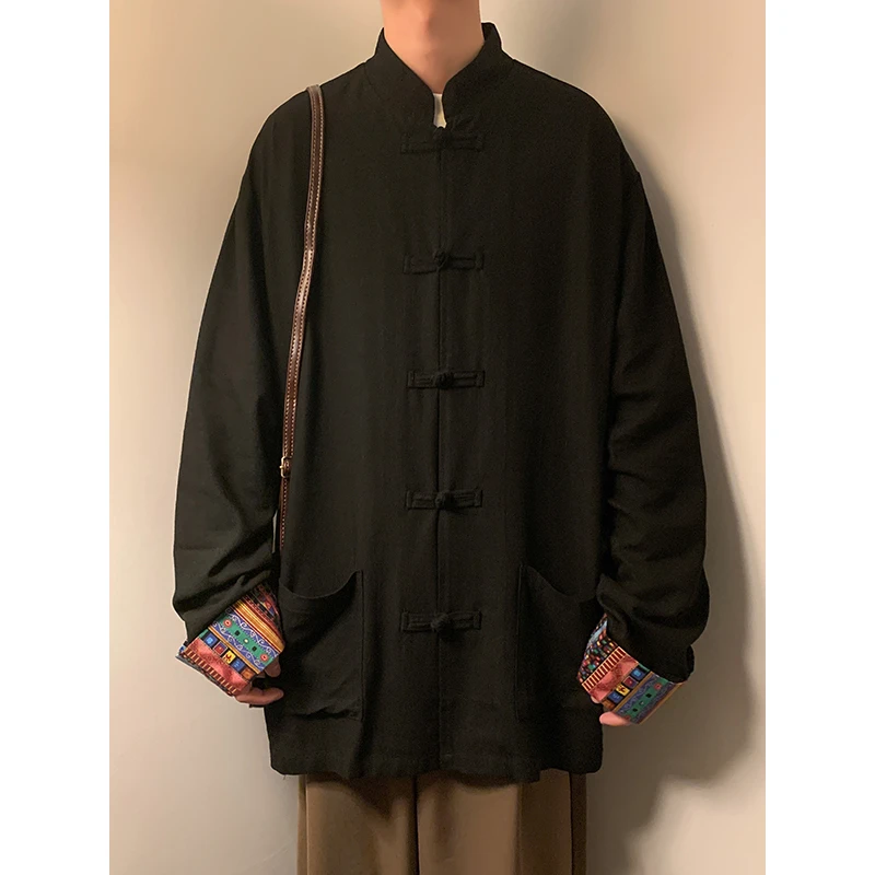 新中式男装复古亚麻长袖衬衫春季中国风唐装民族风印花中山装夹克