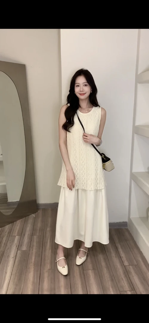 2025春季新款韩版无袖蕾丝拼接气质显瘦中长款假两件双层连衣裙女