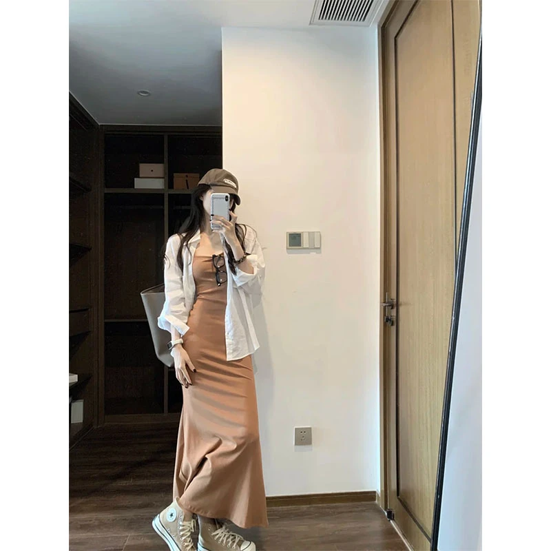 简约气质休闲风宽松长袖防晒衬衫上衣夏季收腰百搭显瘦吊带连衣裙